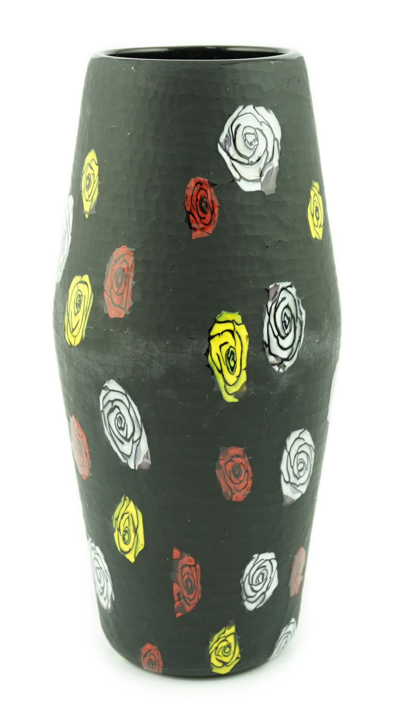 Vittorio Ferro (1932-2012) A Murano glass Murrine vase, the black ground with white, red and yellow flower heads, unsigned, 28cm., Please note this lot attracts an additional import tax of 20% on the hammer price